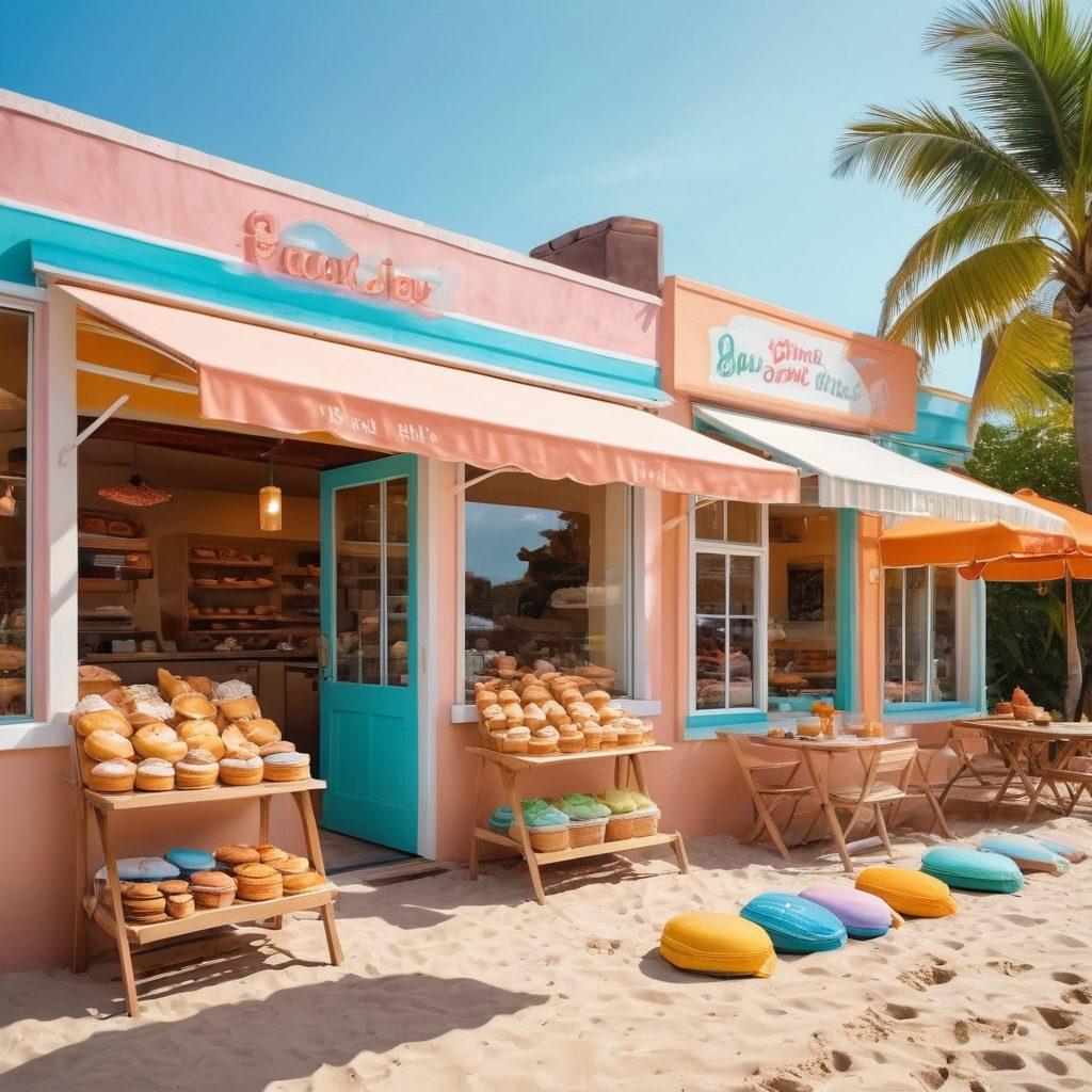 A whimsical scene depicting a sandy beach transitioning into a cozy bakery. On one side, vibrant beach elements like sun hats, surfboards, and colorful umbrellas, blending into a warm bakery setting with fresh pastries and lively kitchen decor. The sky is split between a sunny day and a soft, inviting bakery light, symbolizing the sweet fusion of both worlds. Soft pastels and warm tones dominate the color palette. playful illustration. vibrant colors. dreamy style.
