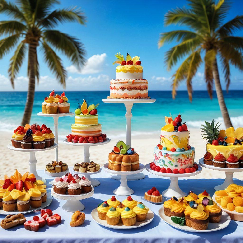 A vibrant beach scene showcasing two-piece swimwear elegantly displayed beside an enticing dessert table featuring colorful pastries and cakes. The swimwear should feature bold patterns, while the desserts should have bright icing and fresh fruits, creating a delightful contrast. Sunlight enhances the cheerful atmosphere, with palm trees in the background and waves gently lapping at the shore. Super-realistic. Vibrant colors. Bright sunlight.