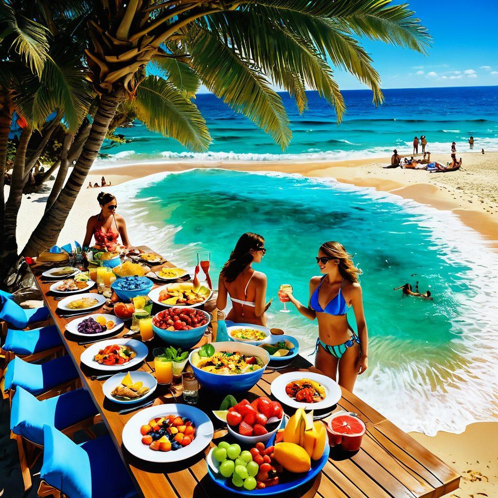 A dynamic scene showcasing colorful swimwear alongside an array of gourmet dishes, with a vibrant beach backdrop. Include people enjoying the sun wearing trendy, eye-catching swimwear while savoring delicious culinary creations on picnic tables. Incorporate elements like fresh fruits, cocktails, and a splash of ocean waves to merge the swimming and culinary themes harmoniously. bright and lively. super-realistic. vibrant colors.